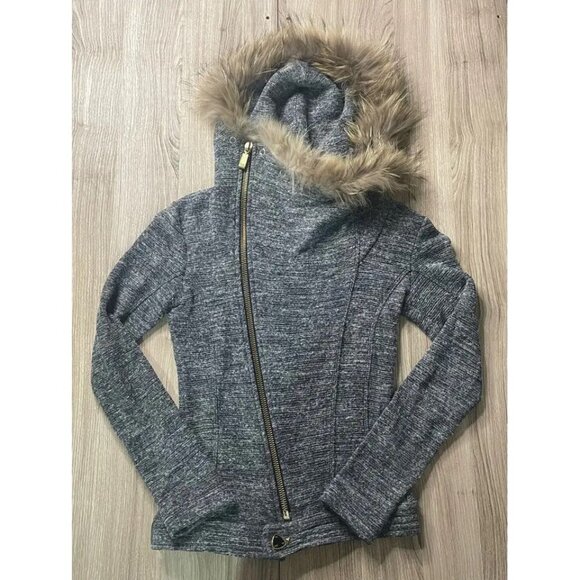 Met Womens Jacket Gray Marled Waist Length Full Zip Asymmetric Fur Trim Hood XS - Picture 1 of 8